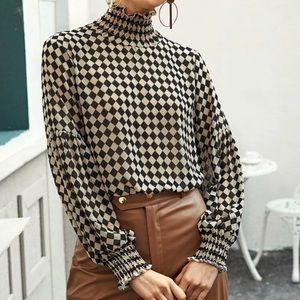 Frill Shirred High Neck Checkerboard Blouse